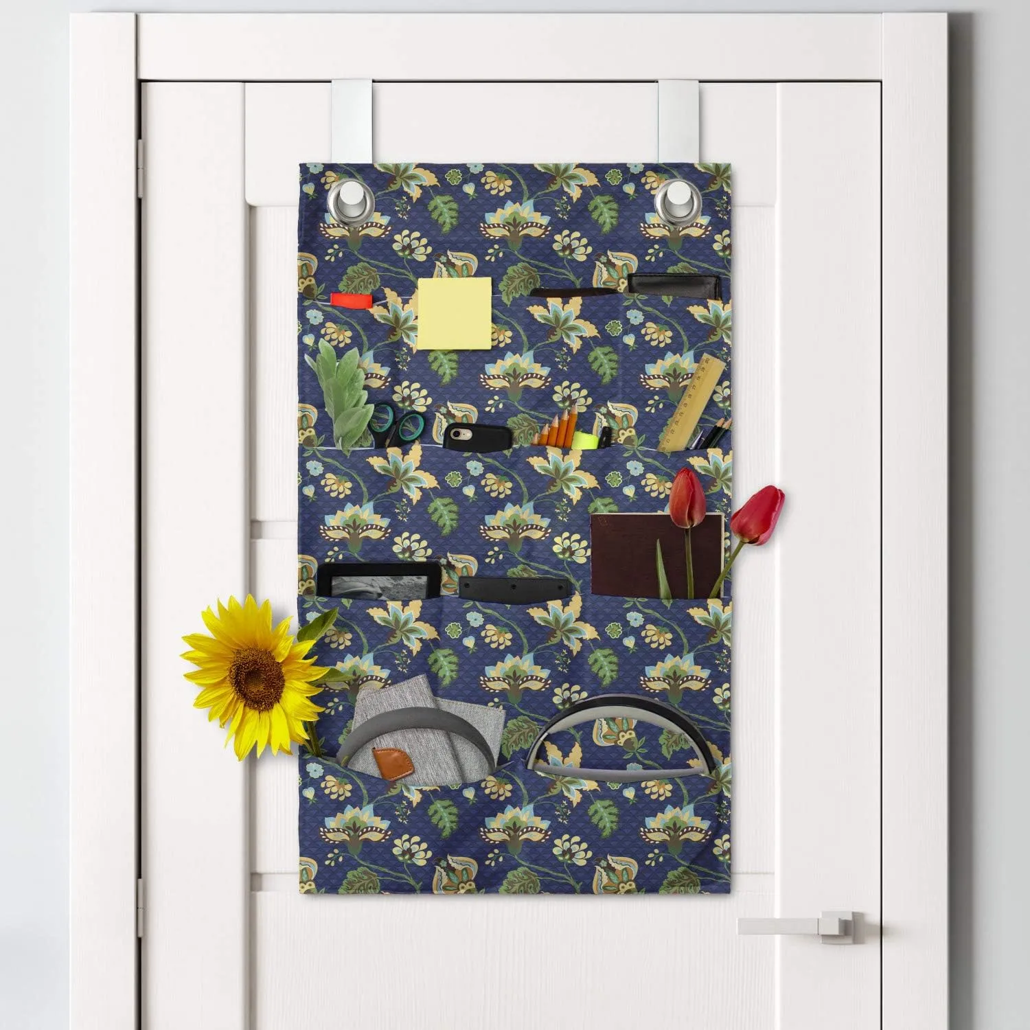 Lunarable Jacobean Hanging Pocket Organizer, Triangles with Floral Pattern Stalks Leaves Flowers Whimsical Nature, Printed Polyester Storage Bag with Pockets, 21" x 31", Dark Blue Green Mustard