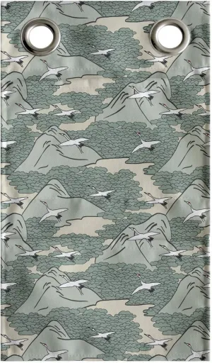 Lunarable Japanese Hanging Pocket Organizer, Traditional Art Flying Crane Birds Mountain Plateau Forest Migration Asian, Printed Polyester Storage Bag with Pockets, 9" x 16", Reseda Green Beige