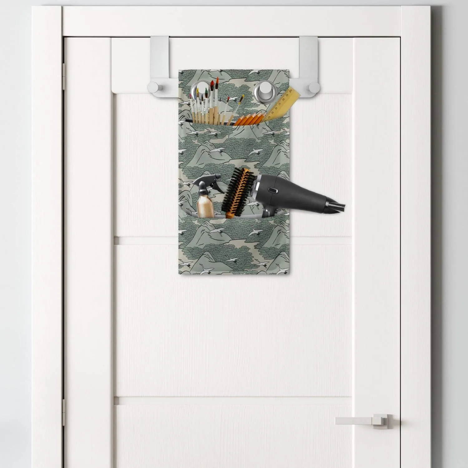 Lunarable Japanese Hanging Pocket Organizer, Traditional Art Flying Crane Birds Mountain Plateau Forest Migration Asian, Printed Polyester Storage Bag with Pockets, 9" x 16", Reseda Green Beige
