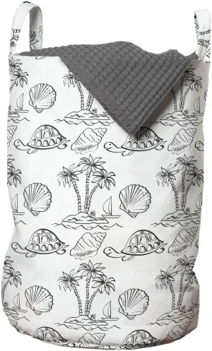 Lunarable Sketch Laundry Bag, Sea Island with Palm Trees Boat Turtles Shells Hawaiian Ecology Turtles Scallops, Hamper Basket with Handles Drawstring Closure for Laundromats, 13" x 19", Black White