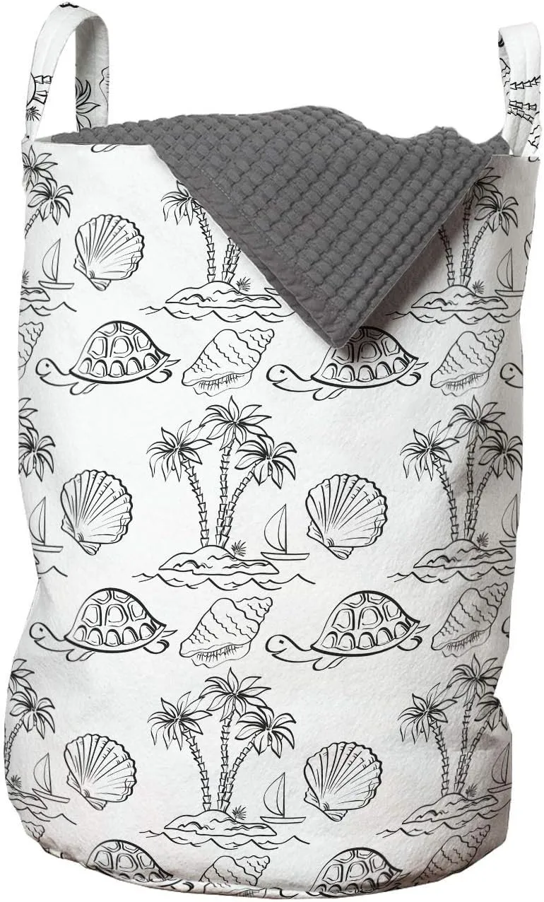 Lunarable Sketch Laundry Bag, Sea Island with Palm Trees Boat Turtles Shells Hawaiian Ecology Turtles Scallops, Hamper Basket with Handles Drawstring Closure for Laundromats, 13" x 19", Black White