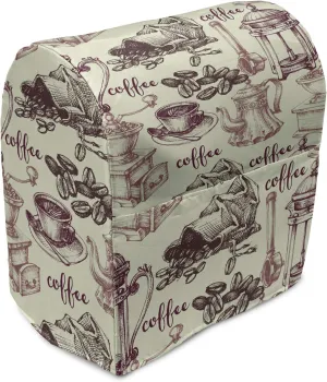 Lunarable Tea Party Stand Mixer Cover, Coffee Beans with Old Espresso Machine Sketch Hand Drawn Pattern, Kitchen Appliance Organizer Bag Cover with a Pocket, 6-8 Quarts, Maroon Pale Avocado Green