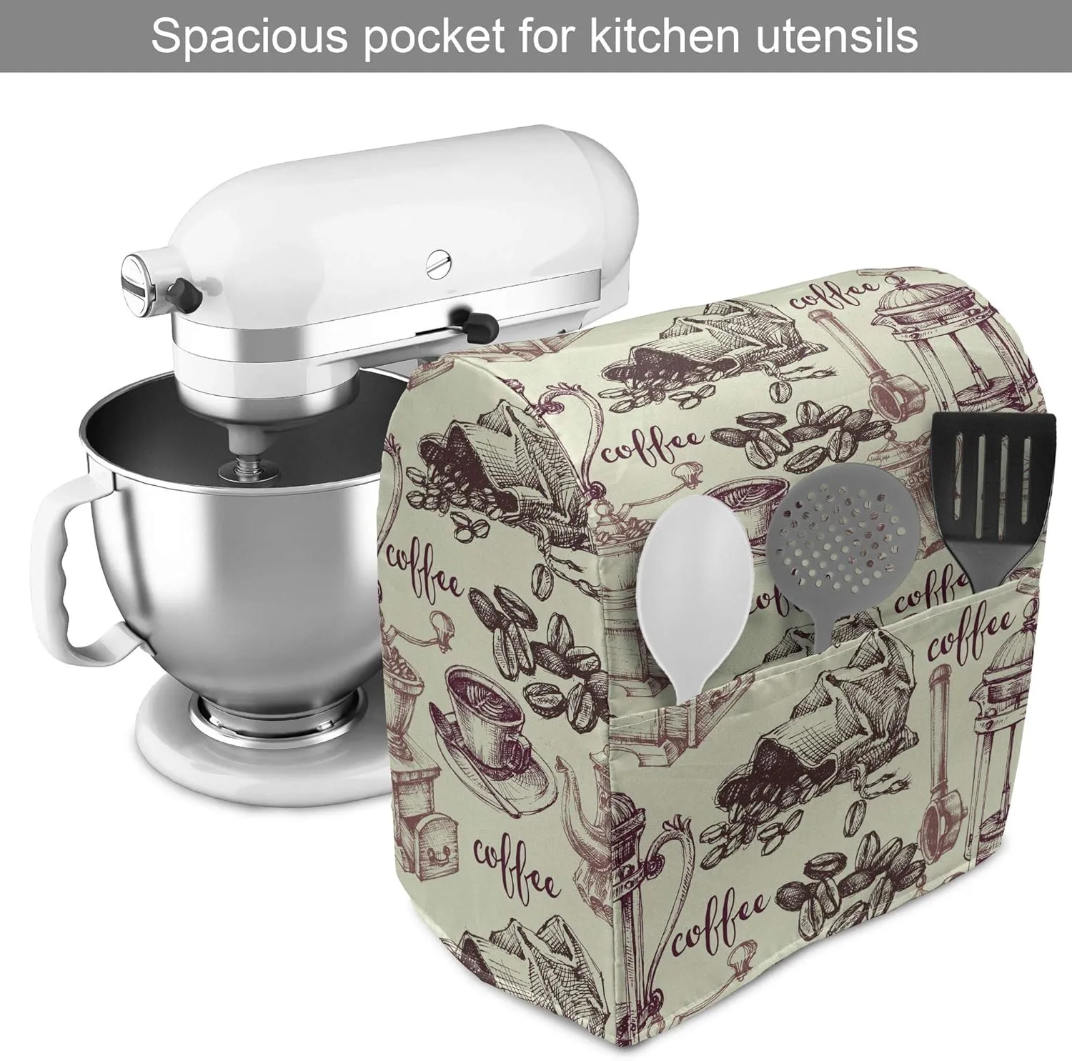 Lunarable Tea Party Stand Mixer Cover, Coffee Beans with Old Espresso Machine Sketch Hand Drawn Pattern, Kitchen Appliance Organizer Bag Cover with a Pocket, 6-8 Quarts, Maroon Pale Avocado Green