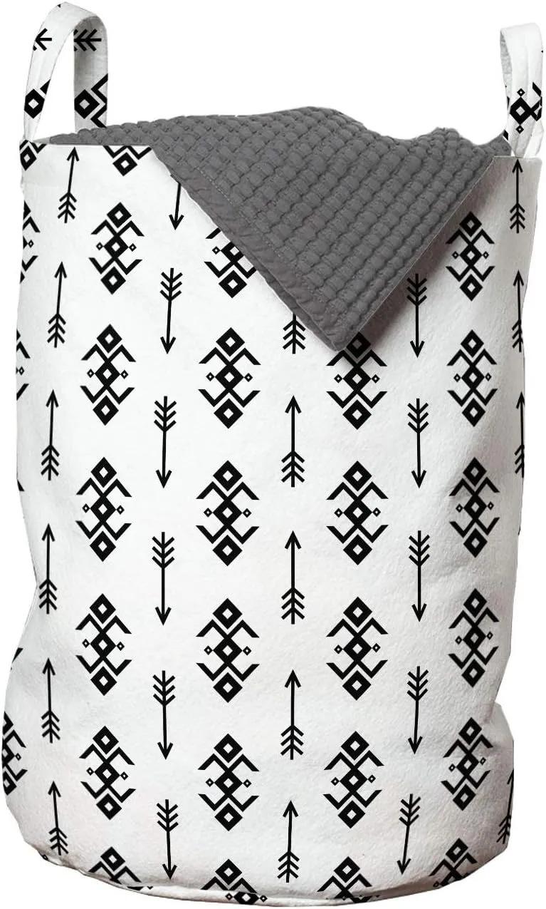 Lunarable Tribal Laundry Bag, Prehistoric Arrows Pattern with Folk Symbolic Image, Hamper Basket with Handles Drawstring Closure for Laundromats, 13" x 19", Black White