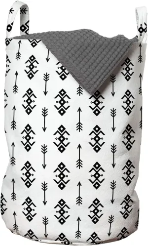 Lunarable Tribal Laundry Bag, Prehistoric Arrows Pattern with Folk Symbolic Image, Hamper Basket with Handles Drawstring Closure for Laundromats, 13" x 19", Black White