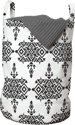 Lunarable Tribal Laundry Bag, Prehistoric with Geometric Triangle Pattern, Hamper Basket with Handles Drawstring Closure for Laundromats, 13" x 19", Black and White