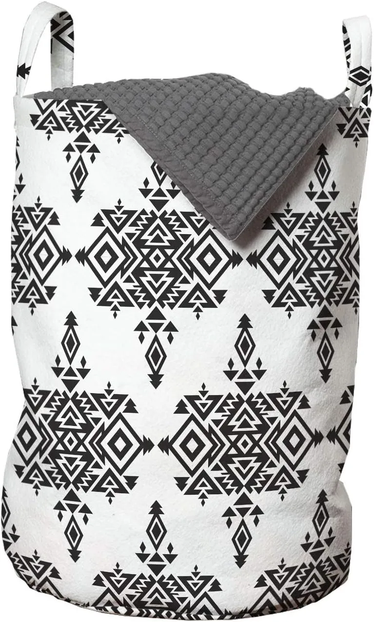Lunarable Tribal Laundry Bag, Prehistoric with Geometric Triangle Pattern, Hamper Basket with Handles Drawstring Closure for Laundromats, 13" x 19", Black and White