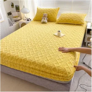 Luxurious Velvet Jacquard Fitted Sheet Set with Pillow Cases, Flannel Velvet Bed Sheet Soft Cozy Breathable Washable for Bedroom(Yellow,Twin(90 * 200CM))
