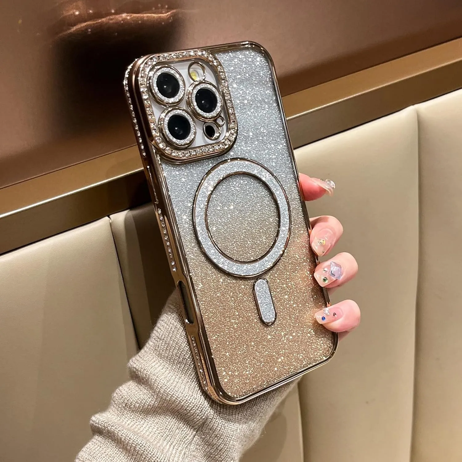 LXK Magnetic Glitter Case for iPhone 16 Pro 6.3" [Compatible with MagSafe] Military-Grade Protection, Clear Cute Glitter Bling Cover Sparkle Diamond Camera Protector Cover for Women Girls, Gold