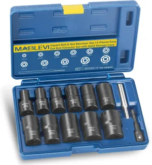 MABLEVI 13 PCS Bolt Extractor Set, 1/2" Drive Impact Lug Nut Remover Socket Tool with Center Punch Bar for Damaged, Frozen, Studs, Rusted, Rounded-Off Bolts & Screws
