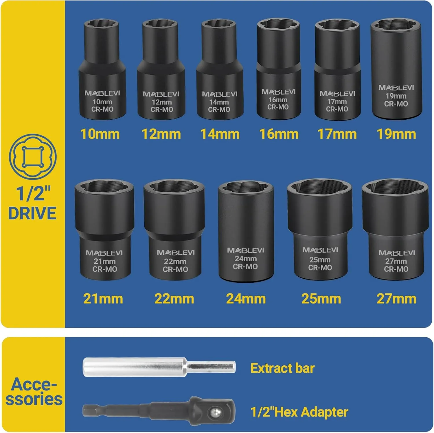 MABLEVI 13 PCS Bolt Extractor Set, 1/2" Drive Impact Lug Nut Remover Socket Tool with Center Punch Bar for Damaged, Frozen, Studs, Rusted, Rounded-Off Bolts & Screws