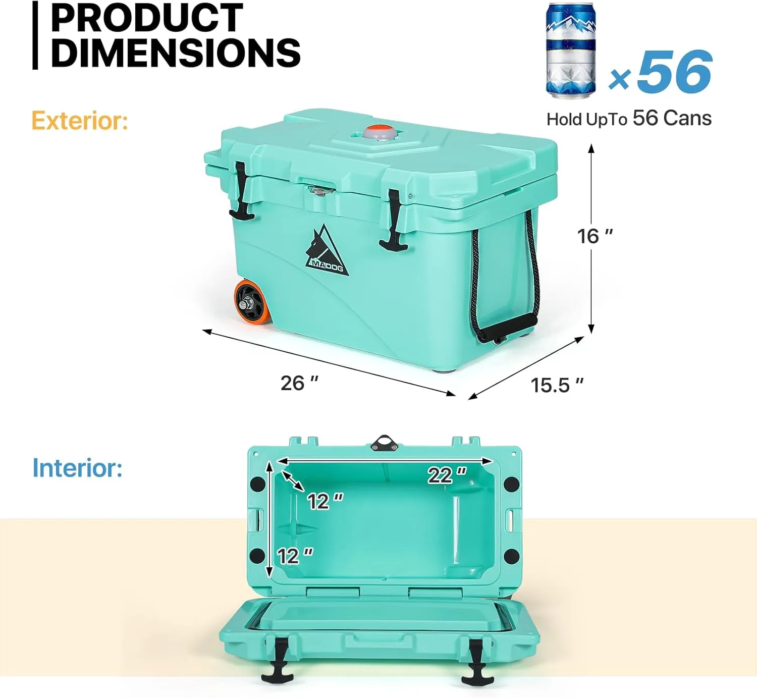 MADOG Cooler with Wheels, Leak-Proof Rolling Beach Cooler with LED Light Bluetooth Speaker, LLDPE Wheeled Coolers, Ideal Portable Cooler for Fishing, Camping, Boating and Traveling
