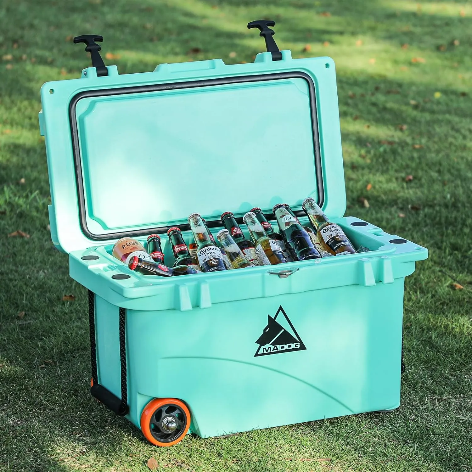 MADOG Cooler with Wheels, Leak-Proof Rolling Beach Cooler with LED Light Bluetooth Speaker, LLDPE Wheeled Coolers, Ideal Portable Cooler for Fishing, Camping, Boating and Traveling