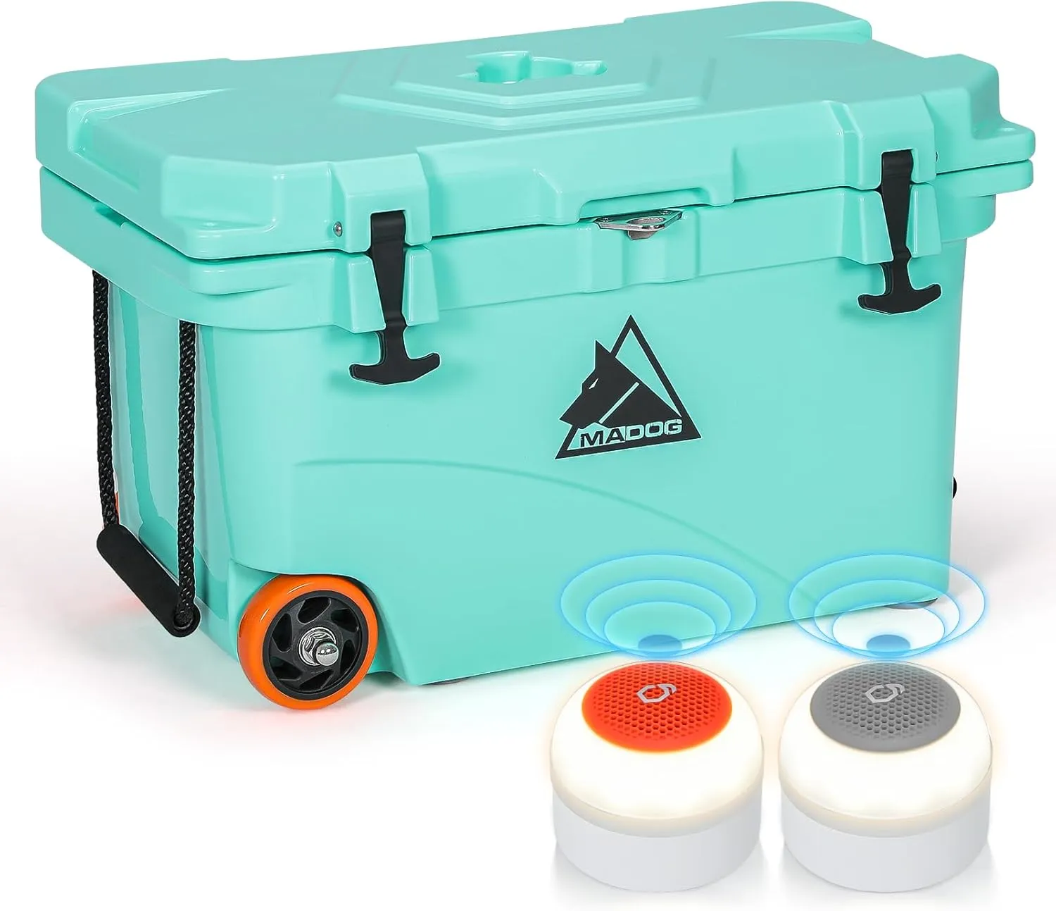 MADOG Cooler with Wheels, Leak-Proof Rolling Beach Cooler with LED Light Bluetooth Speaker, LLDPE Wheeled Coolers, Ideal Portable Cooler for Fishing, Camping, Boating and Traveling
