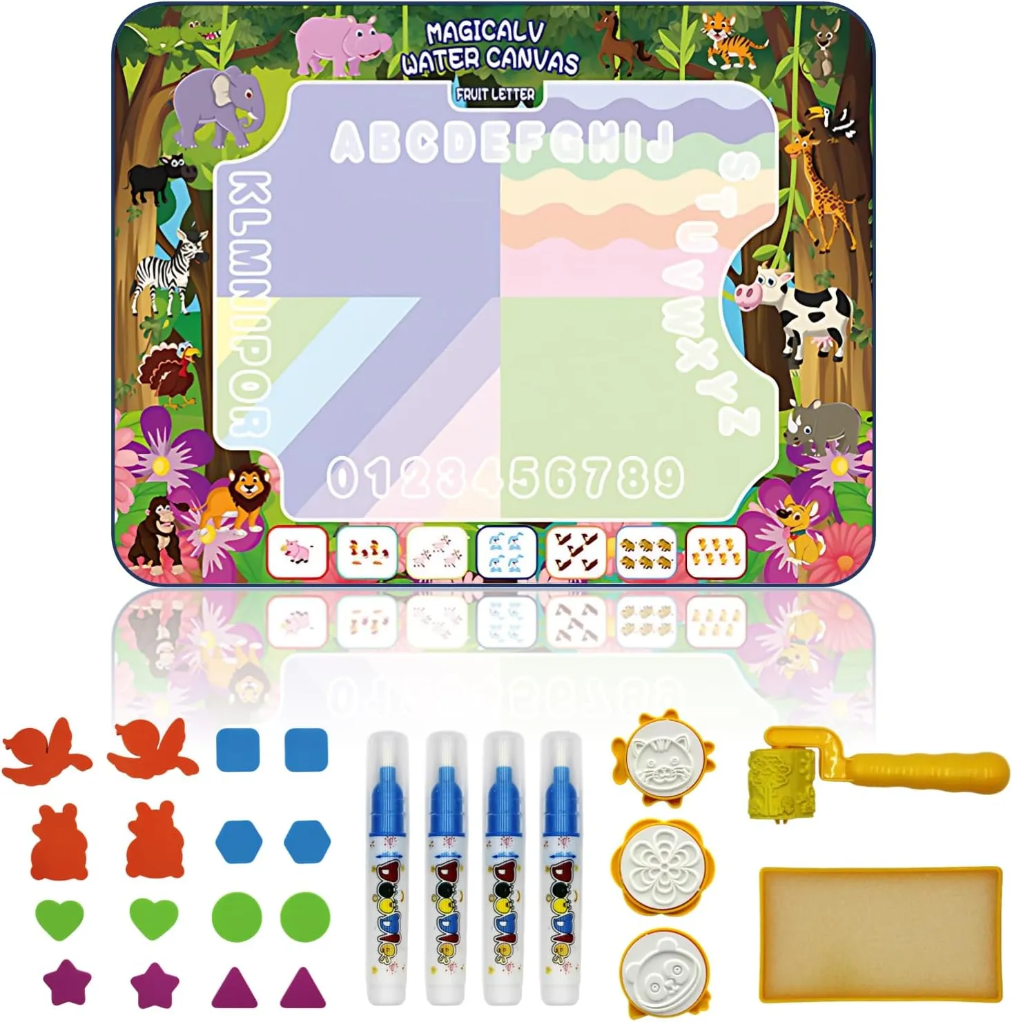 Magic Water Drawing Mat for Kid, 31.5” x 23.6” Large Reusable Water Doodle Mat, Mess-Free, Eco-Friendly Art Canvas with Full Set of Drawing Tools, Educational Toy for Ages 3  (Animal World)