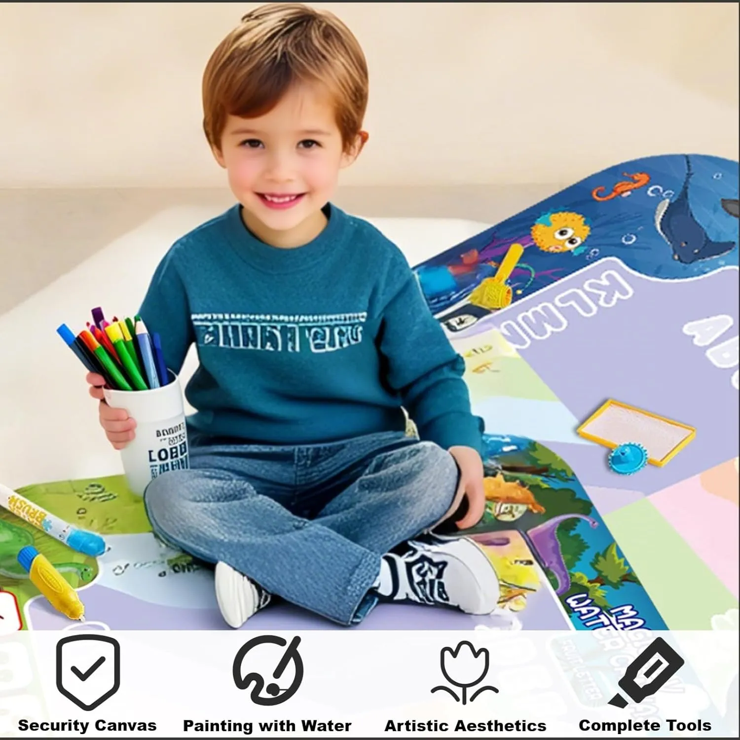 Magic Water Drawing Mat for Kid, 31.5” x 23.6” Large Reusable Water Doodle Mat, Mess-Free, Eco-Friendly Art Canvas with Full Set of Drawing Tools, Educational Toy for Ages 3  (Animal World)