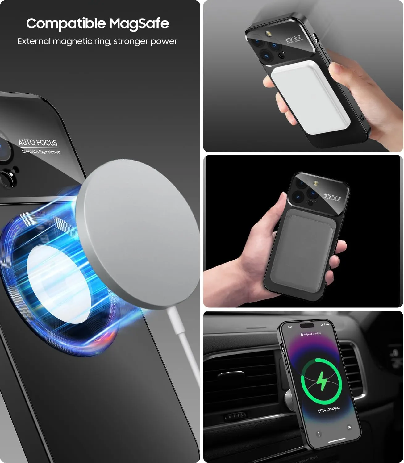 Magnetic for iPhone 14 Pro Case, Compatible with MagSafe, Built-in Camera Lens Protector, Logo View, Military Grade Drop Proof Phone Case Cover, Black