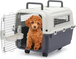 Magshion Dog Carriers with Wheels for Longer Travels, 25.5 Inch Hard-Sided Dog Carrier for Small Dogs and Cats Breeds with an Adult Weight of 22 lbs, Ventilation and Light Weight Design (White Grey)