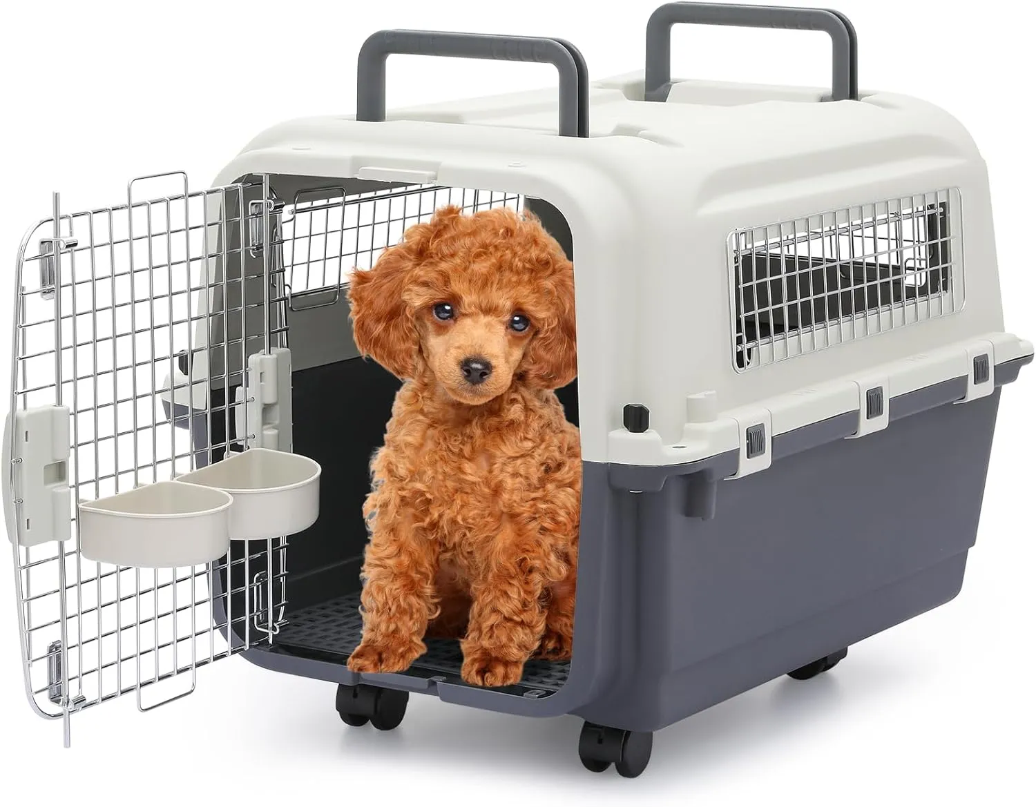 Magshion Dog Carriers with Wheels for Longer Travels, 25.5 Inch Hard-Sided Dog Carrier for Small Dogs and Cats Breeds with an Adult Weight of 22 lbs, Ventilation and Light Weight Design (White Grey)