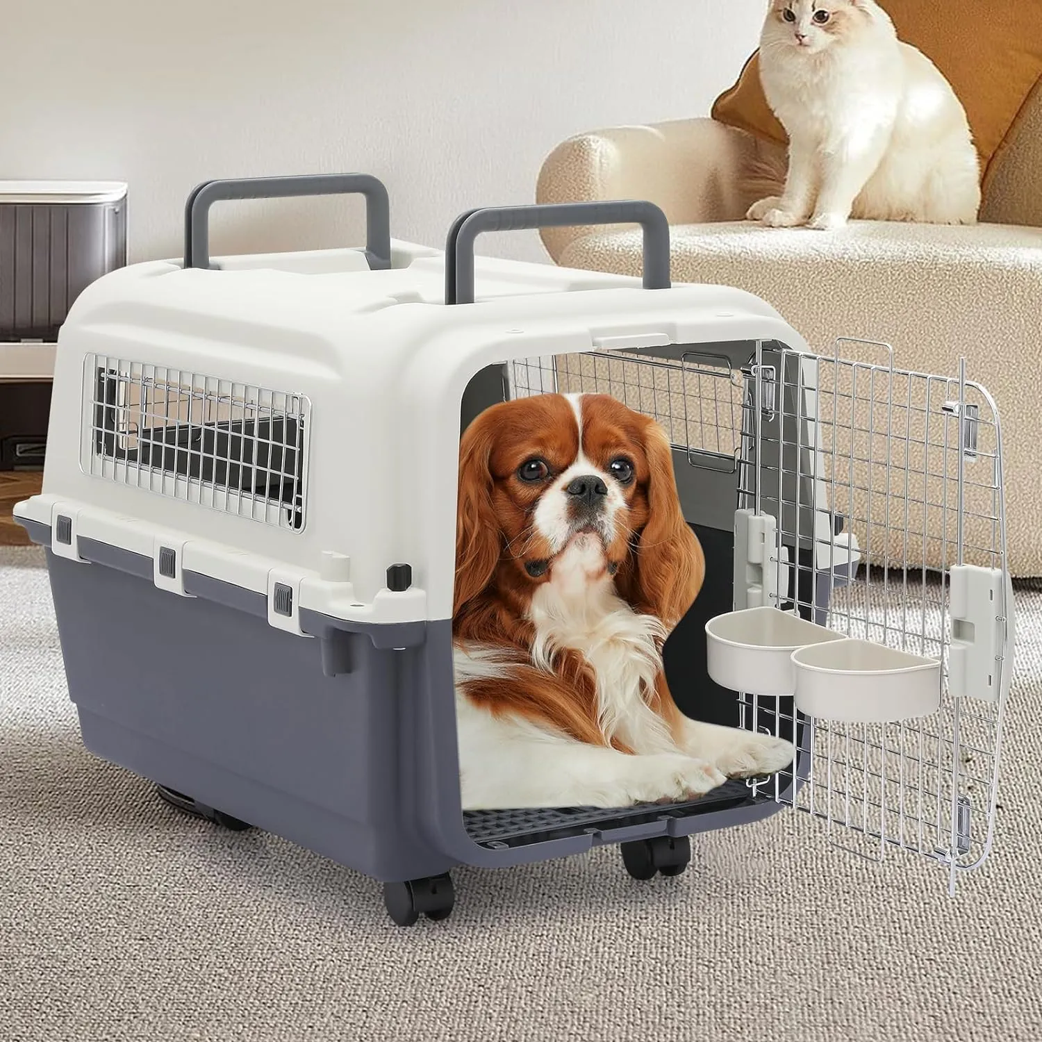 Magshion Dog Carriers with Wheels for Longer Travels, 25.5 Inch Hard-Sided Dog Carrier for Small Dogs and Cats Breeds with an Adult Weight of 22 lbs, Ventilation and Light Weight Design (White Grey)