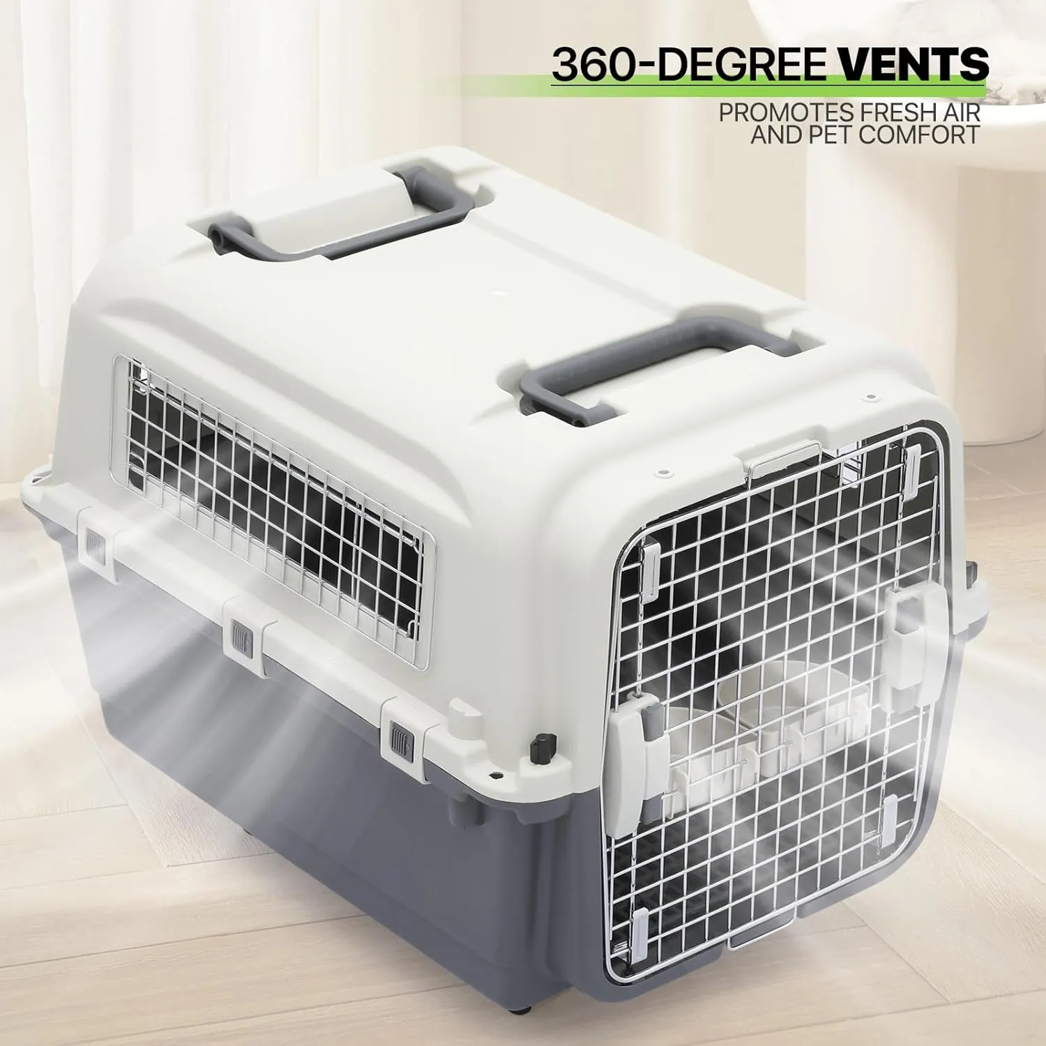 Magshion Dog Carriers with Wheels for Longer Travels, 25.5 Inch Hard-Sided Dog Carrier for Small Dogs and Cats Breeds with an Adult Weight of 22 lbs, Ventilation and Light Weight Design (White Grey)