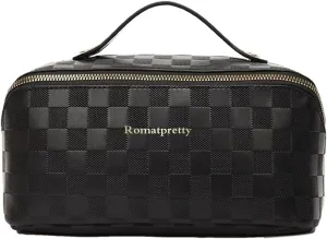 Makeup Bag, Portable Cosmetic Bag, Large Capacity Vanity Cases for Women,Waterproof Portable Pouch Open Flat Toiletry Bag Make up Organizer with Divider and Handle, Black