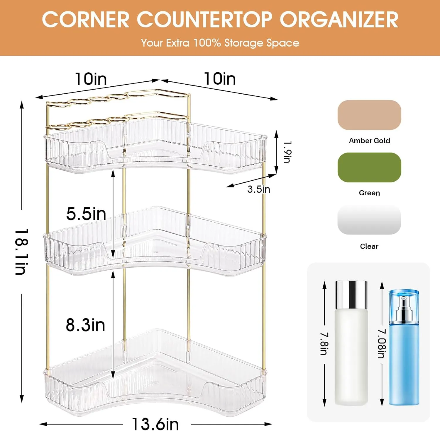 Makeup Organizer Cosmetic Storage Box: Multi-Function Transparent Countertop Perfume Makeup Storage Holder with Stylish Design 3 Layer Skincare Organizers for Bathroom, Dresser (3-Tier,Clear)