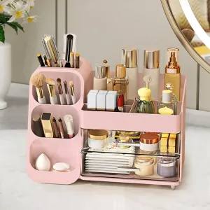 Makeup Organizer Countertop, Vanity Organizer with Brush Holder, Cosmetic Display Case with Drawers, Skincare Organizer for Dresser, Bathroom, Large Make up Storage Cosmetic Holder for Women gifts