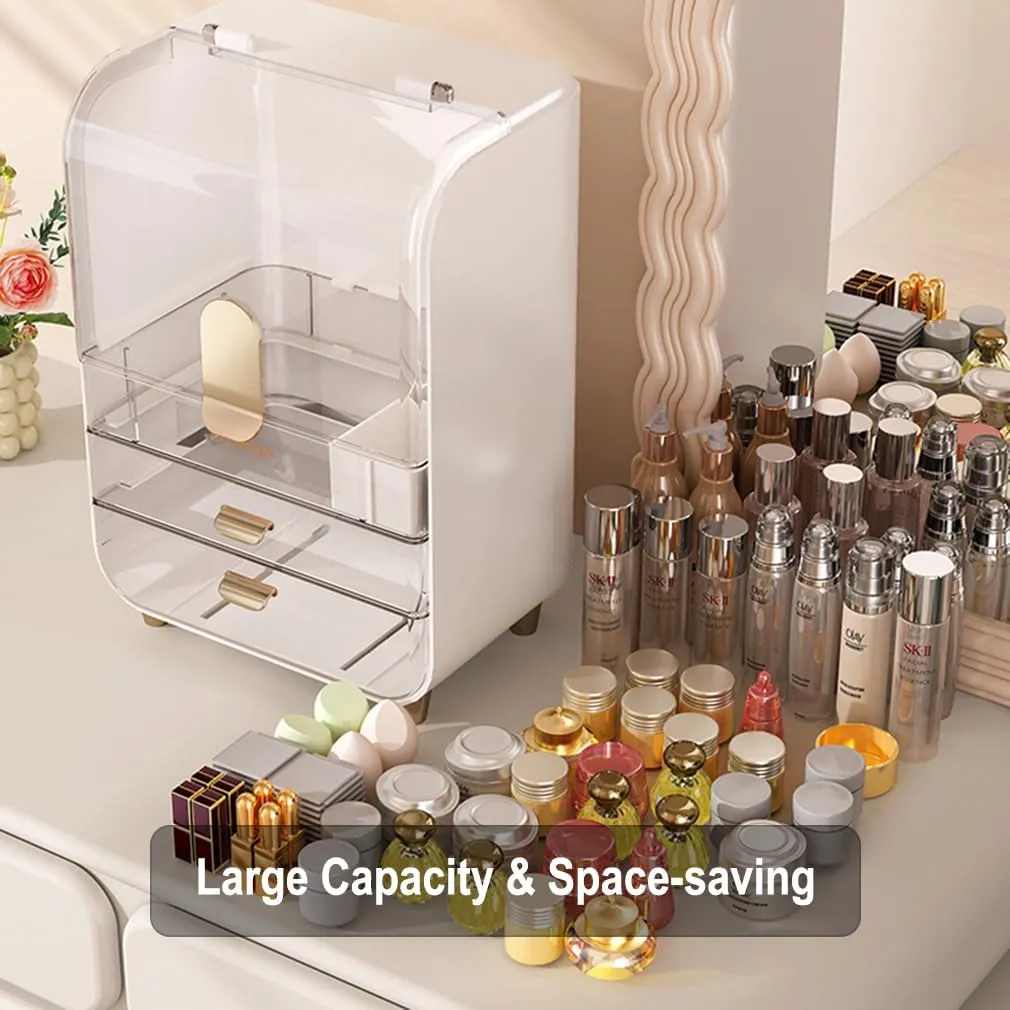Makeup Organizer for Vanity, Large Capacity Cosmetic Organizer Trendy Stuff, Clear Cosmetic Display Case with Flip-top Lid and 2-Tier Drawer for Bathroom Countertop, Bedroom Dresser (White)