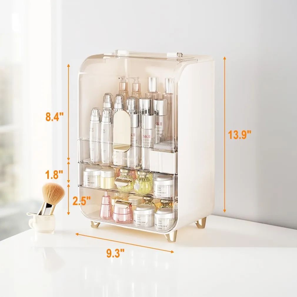 Makeup Organizer for Vanity, Large Capacity Cosmetic Organizer Trendy Stuff, Clear Cosmetic Display Case with Flip-top Lid and 2-Tier Drawer for Bathroom Countertop, Bedroom Dresser (White)