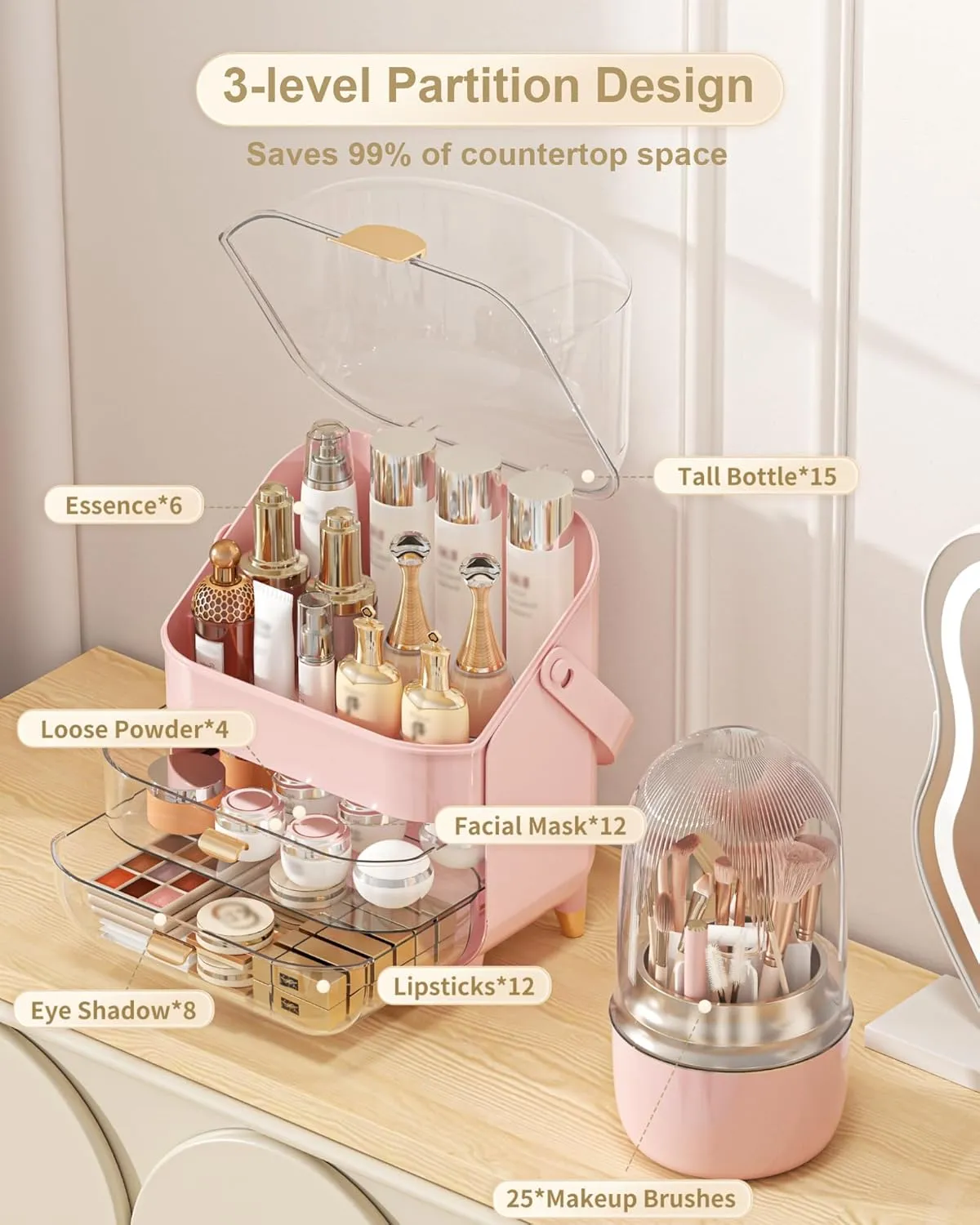 Makeup Organizer, Skincare Holder Bathroom Counter Organizer, Storage Box Cosmetic Display Cases, Teen Girl Gifts Trendy Stuff Make up Organizers for Vanity, Dresser, Countertop (Pink)