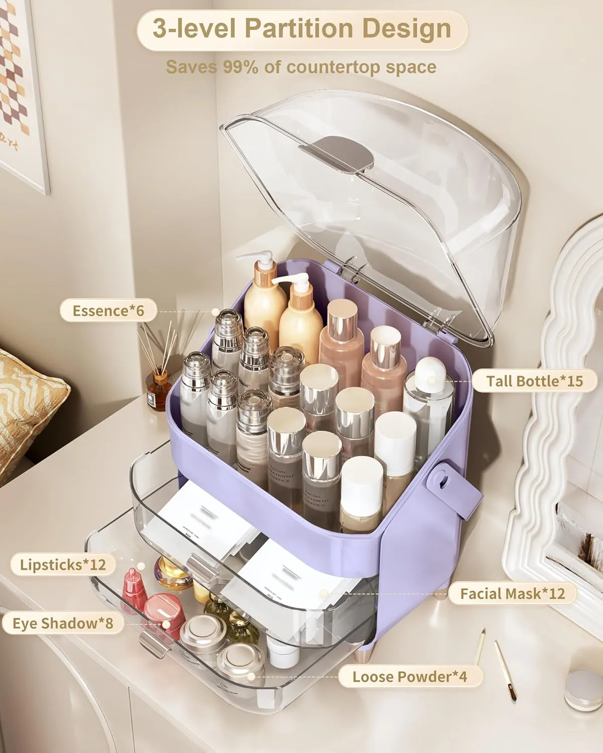 Makeup Organizer, Skincare Holder Bathroom Counter Organizer, Storage Box Cosmetic Display Cases, Teen Girl Gifts Trendy Stuff Make up Organizers for Vanity, Dresser, Countertop (purple)