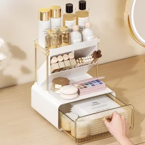 Makeup Organizer with Drawer for Vanity, 2 Tier 5 Zones Cosmetic Display Case Detachable, Cosmetic Storage Perfume Shelf for Bathroom Counter, Perfect Storage Solution for Your Beauty Essential(Amber)
