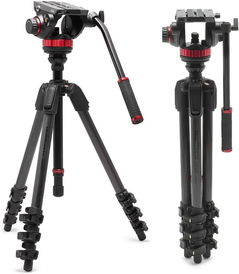 Manfrotto 055 Video Tripod w/502 Video Fluid Head, Carbon Fibre, Professional Heavy Duty Tripod-System, with Levelling Column, Lever Lock, Camera Tripod Stand, for DSLR/Mirrorless Cameras, Camcorders