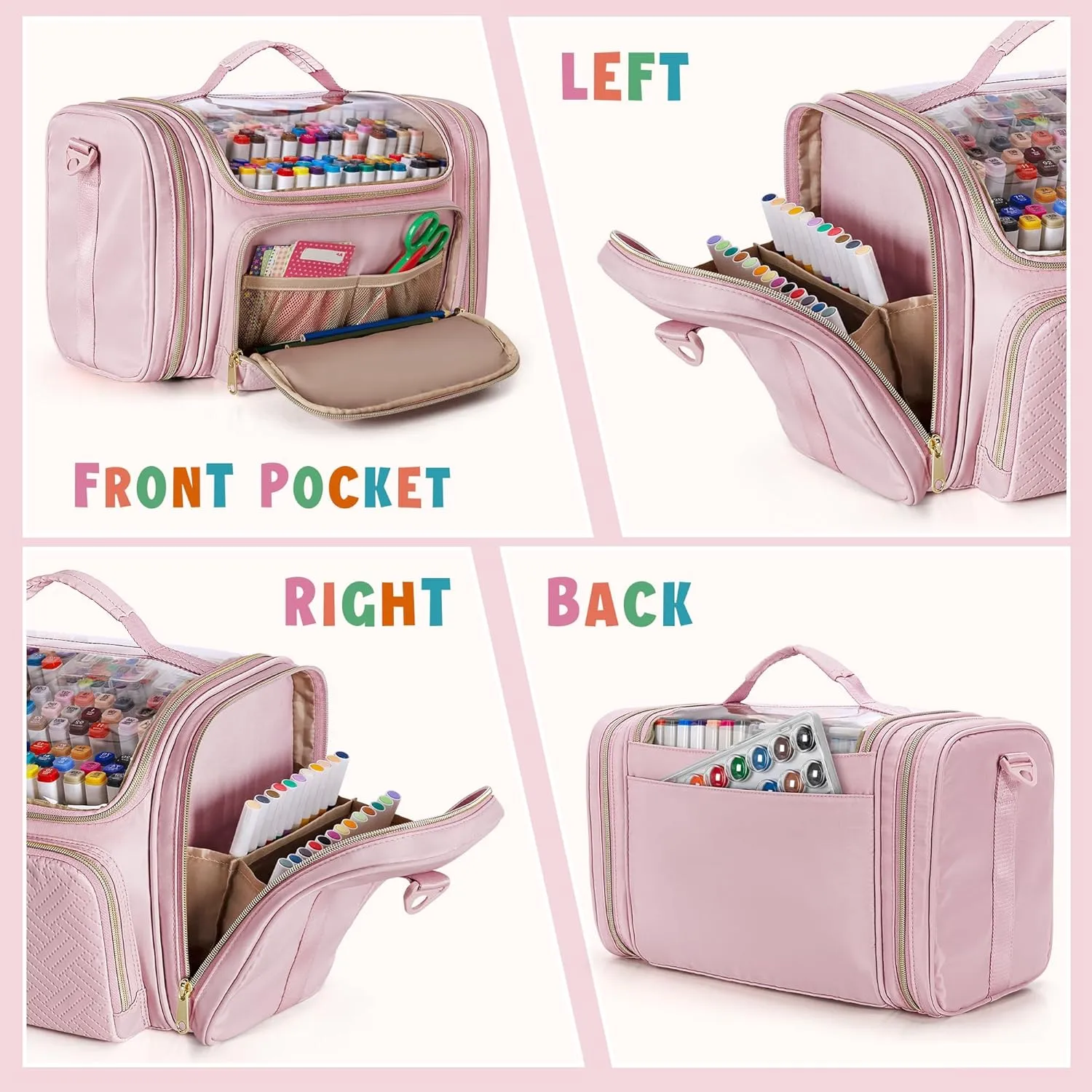 Marker Organizer Bag for 180-300 Markers, Large Marker Storage Case with Detachable Divider for Adults, Markers Travel Holder Case Bag for Various Markers or Other Art Craft Supply, Pink