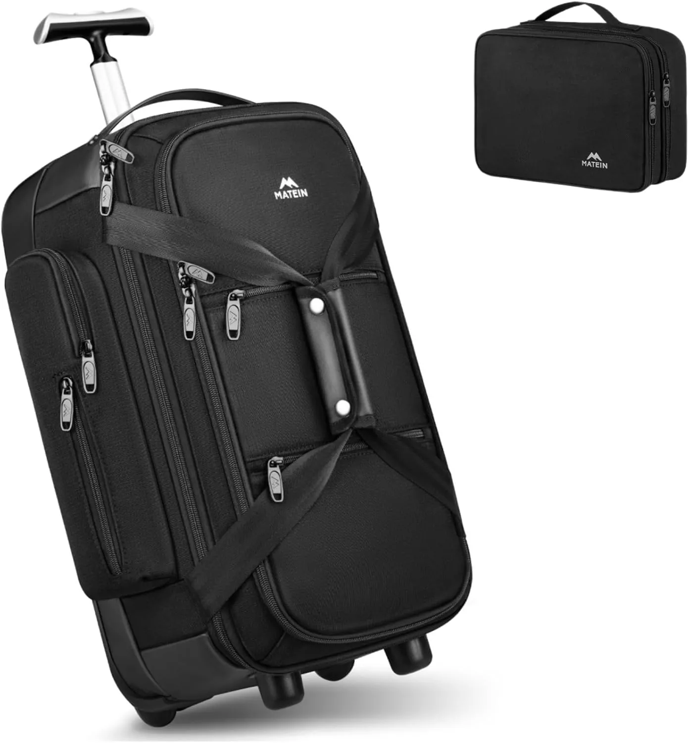 MATEIN Carry On Duffle Bag with Wheels and Handle, Rolling Travel Duffle with Insulated Side Pockets, Water Resistant Electronics Organizer Travel Case