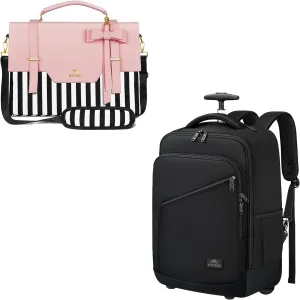 MATEIN Laptop Bag for Women &17 inch Rolling Backpack Bundle |15.6 inch Slim Computer Briefcase & Large Wheeled Backpack