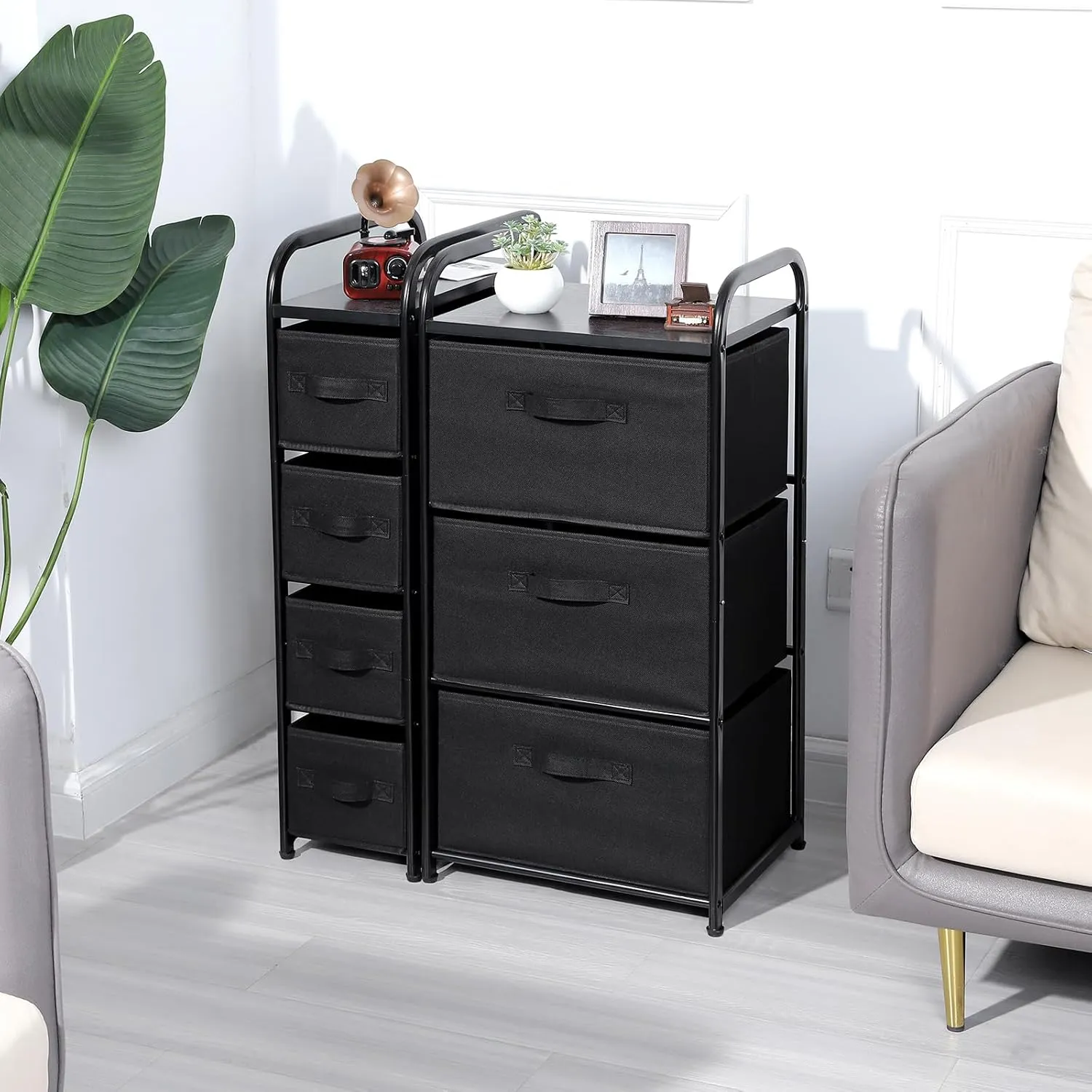 MAX Houser 4 Drawer Narrow Dresser Fabric Storage Tower Vertical Slim Storage Chest Organizer Nightstand Side/End Table Small Standing Organizer Removable Drawers Wood Top for Bedroom, Bathroom（Black)