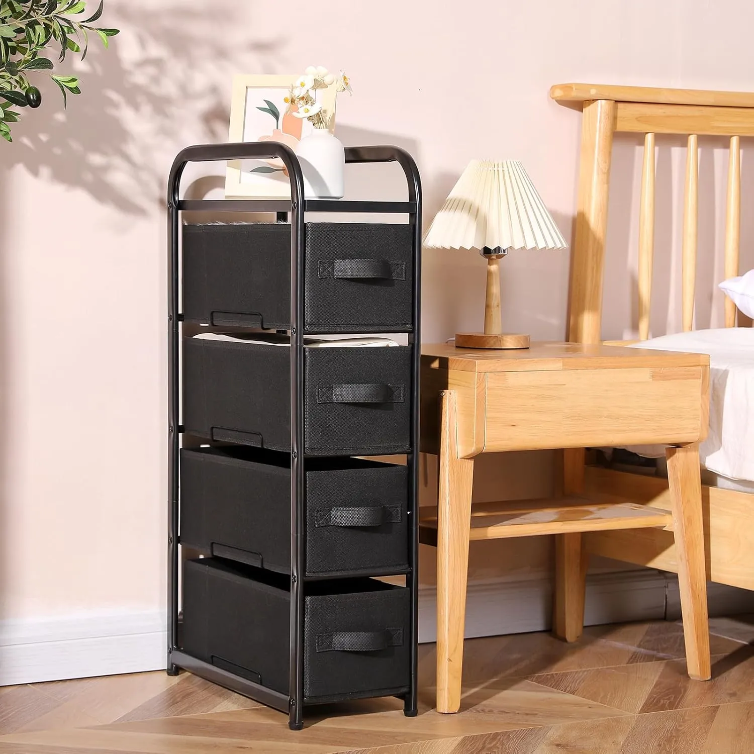 MAX Houser 4 Drawer Narrow Dresser Fabric Storage Tower Vertical Slim Storage Chest Organizer Nightstand Side/End Table Small Standing Organizer Removable Drawers Wood Top for Bedroom, Bathroom（Black)