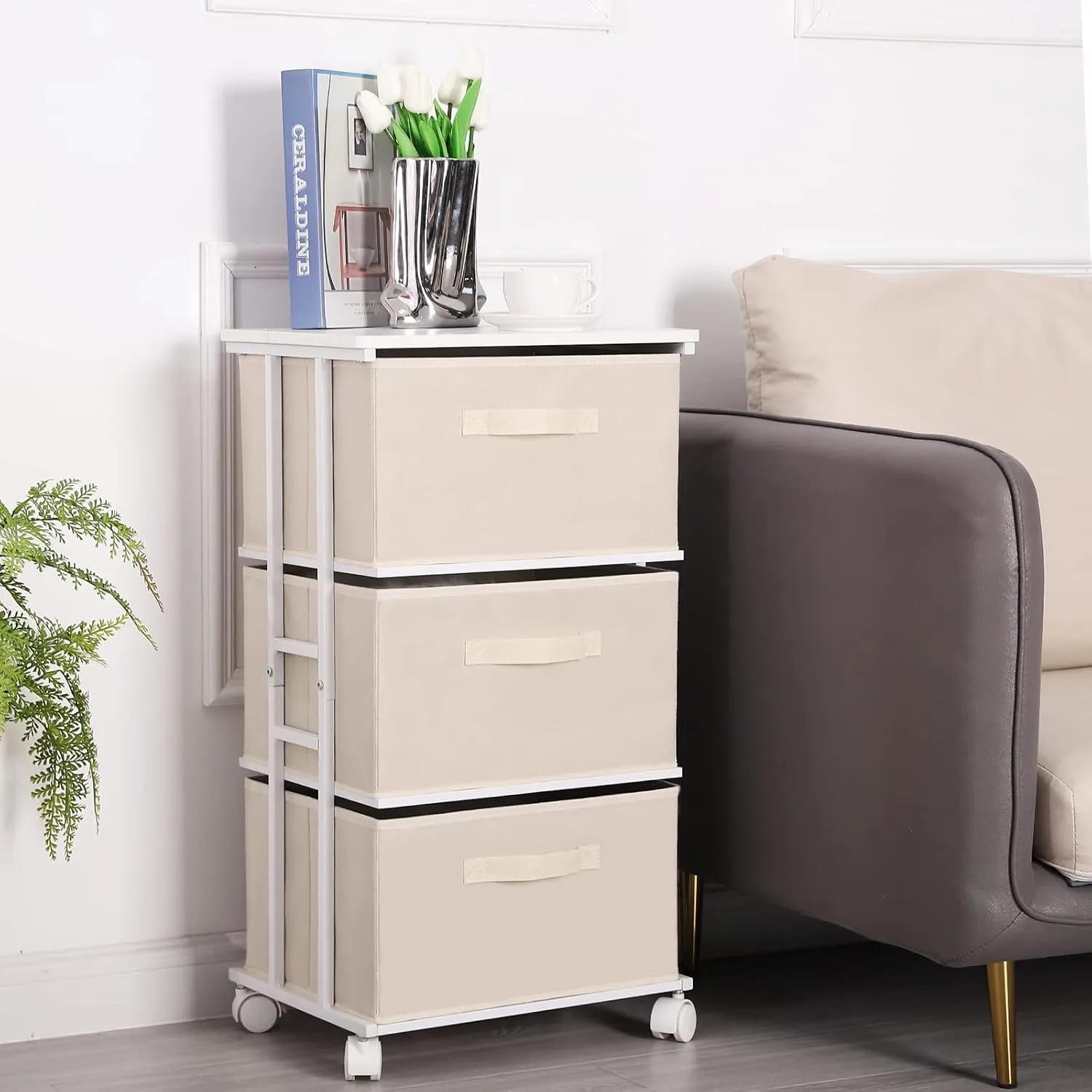 MAX Houser Dresser Tower with 3 Drawers for Bedroom, Fabric Storage Organizer Unit, Chest of Drawers with with WoodTop, Small Vertical Storage for Guest Room, Closet, Entryway, Nursery(Beige)
