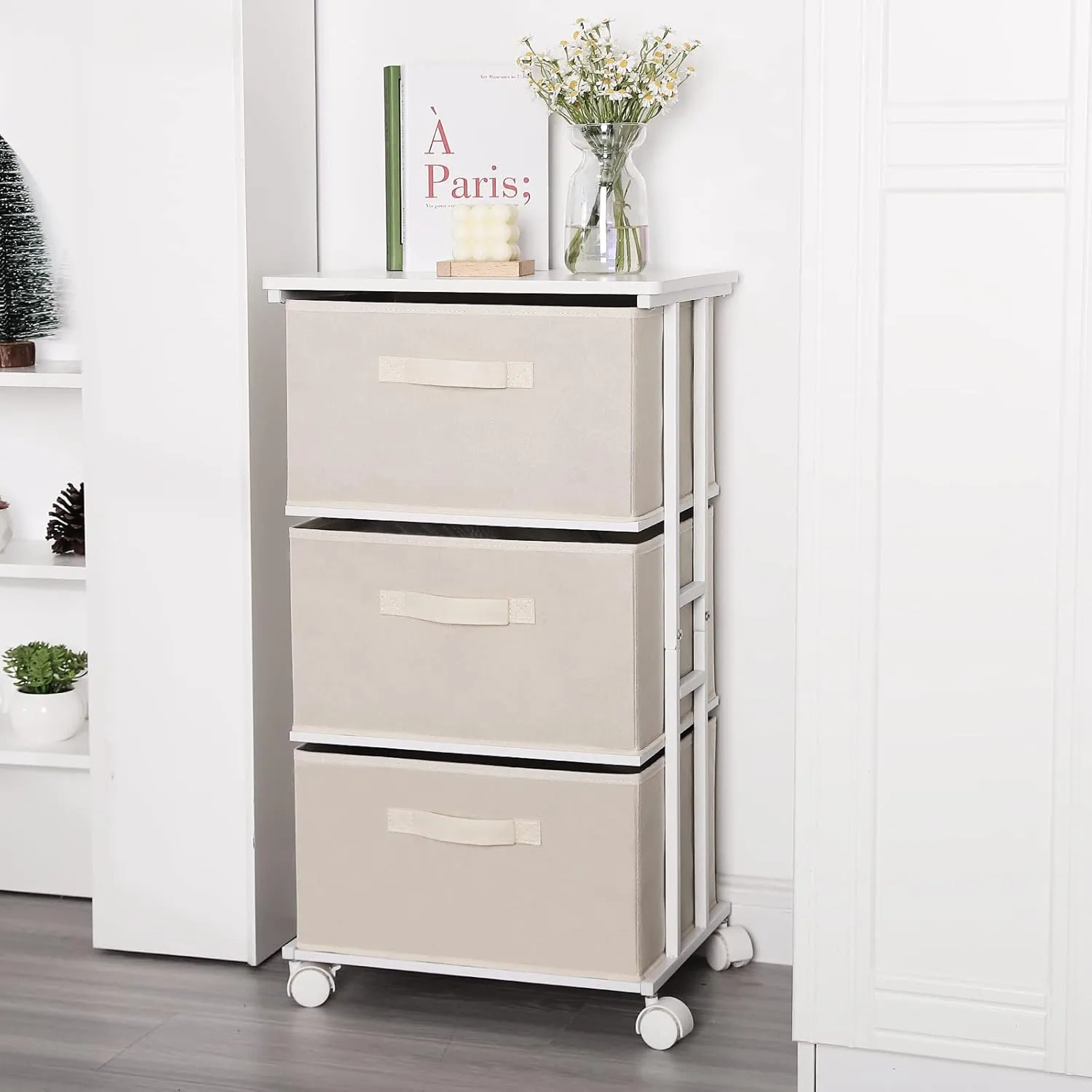 MAX Houser Dresser Tower with 3 Drawers for Bedroom, Fabric Storage Organizer Unit, Chest of Drawers with with WoodTop, Small Vertical Storage for Guest Room, Closet, Entryway, Nursery(Beige)