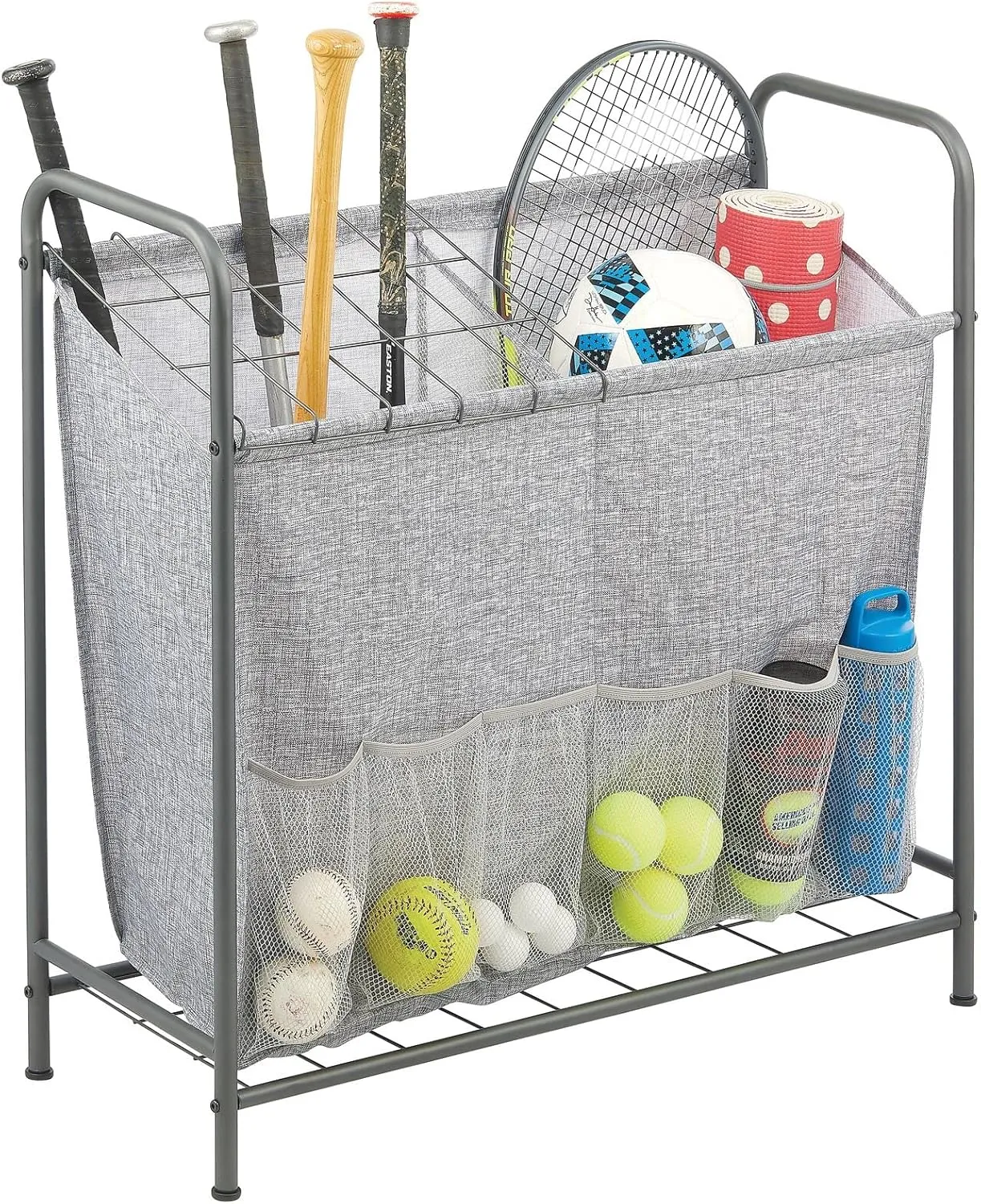 mDesign Sports Equipment Organizer Bin with Front Pockets - Basketball, Hockey Stick, Football, Baseball Bat, Frisbee, and Ball Organizer for Garage - Storage Rack for Sports Gear - Graphite Gray/Gray