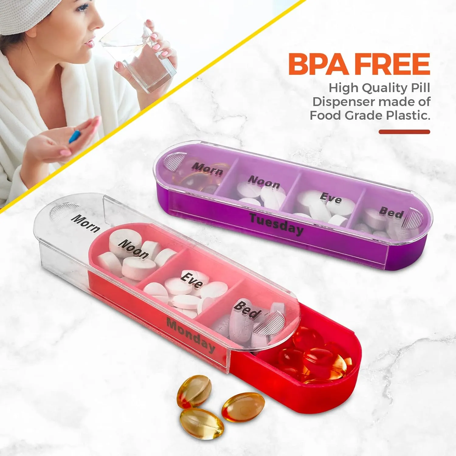 MEDca Weekly Pill Organizer, Four Times-a-Day, Pack of 2 Dispensers with Stackable AM/PM Compartments
