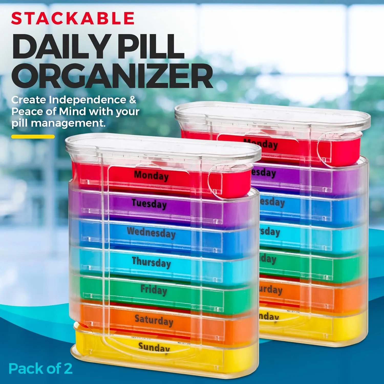 MEDca Weekly Pill Organizer, Four Times-a-Day, Pack of 2 Dispensers with Stackable AM/PM Compartments