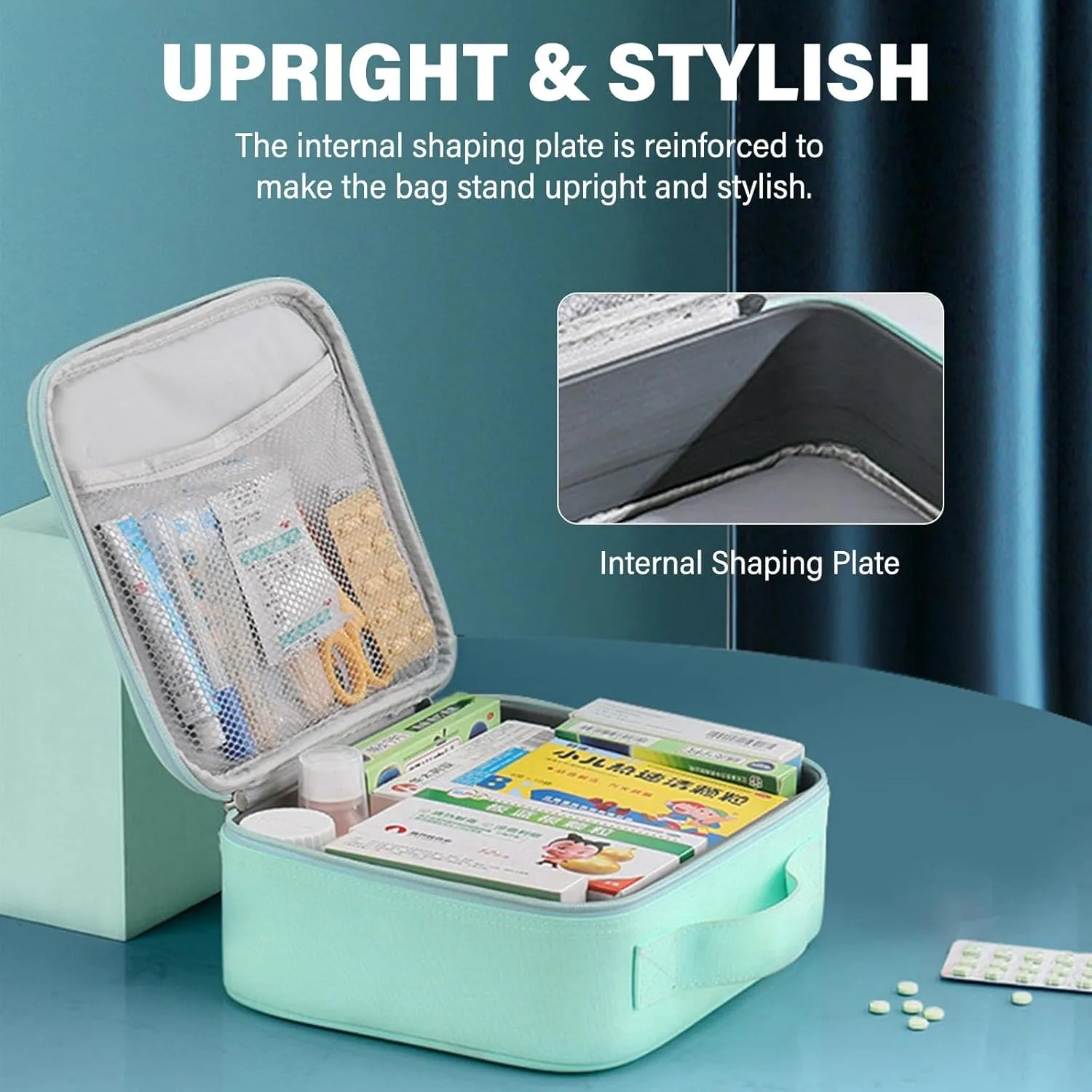 Medicine Bag for Traveling - Splash-Resistant, Hard Plastic Reinforced Edges, Oxford Fabric - Medical Supply Organizer Ideal for Everyday Home Use and Travel (Green)