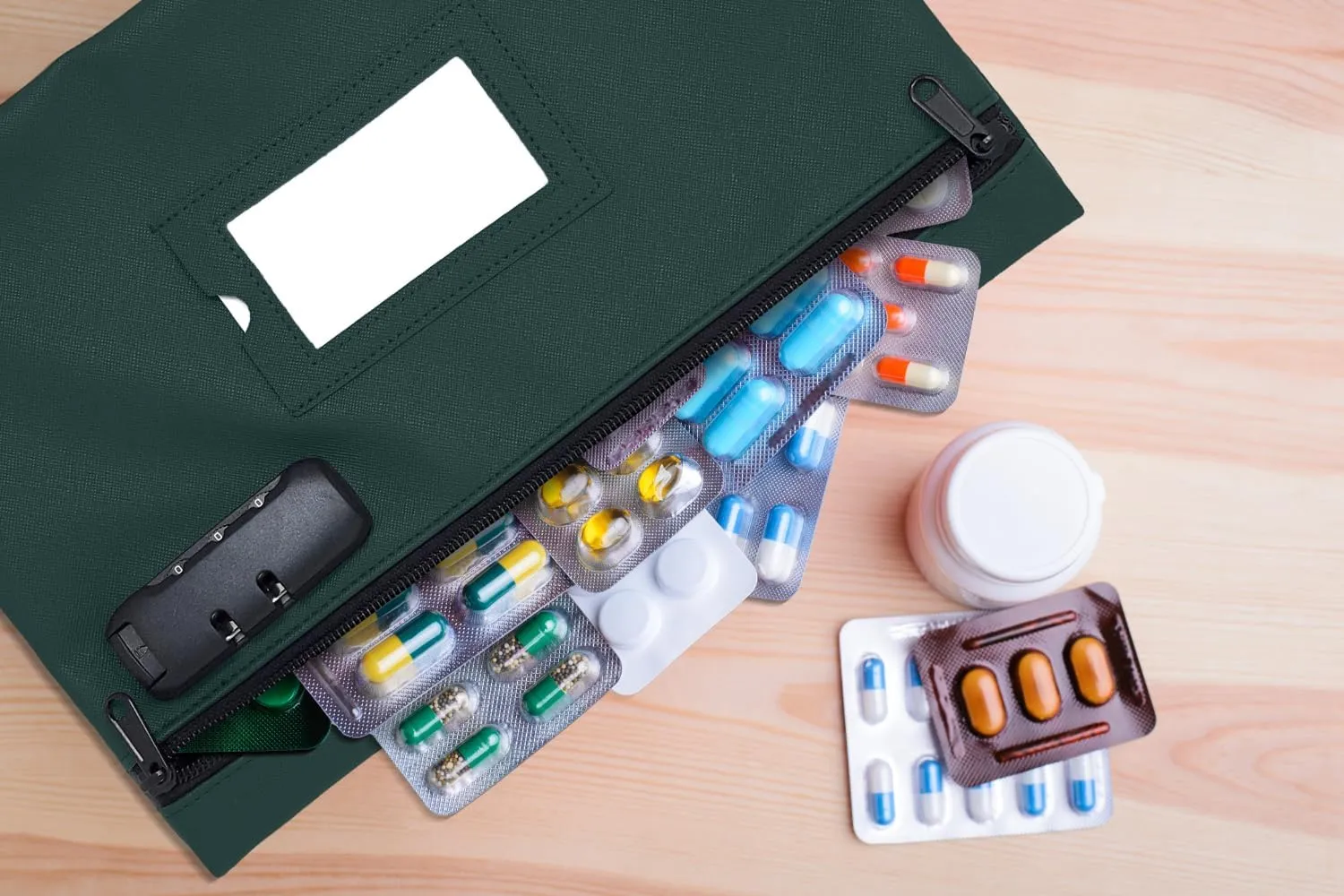 Medicine Bag with Lock | 12x8 Inch Medication Storage Case | Pills Locking Zipper Organizer (Green)