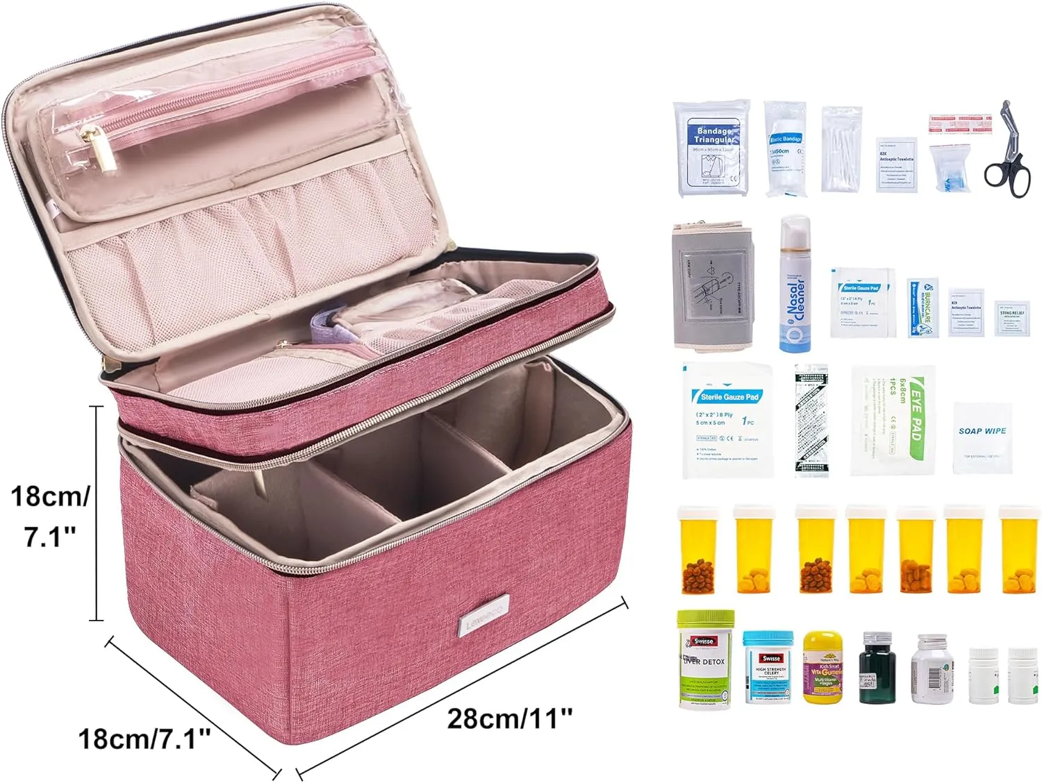 Medicine Storage Bag Pill Bottle Organizer with Portable Small Pouch Travel Medication Bottle Organizer for Emergency Home First Aid Box Kit (Red)