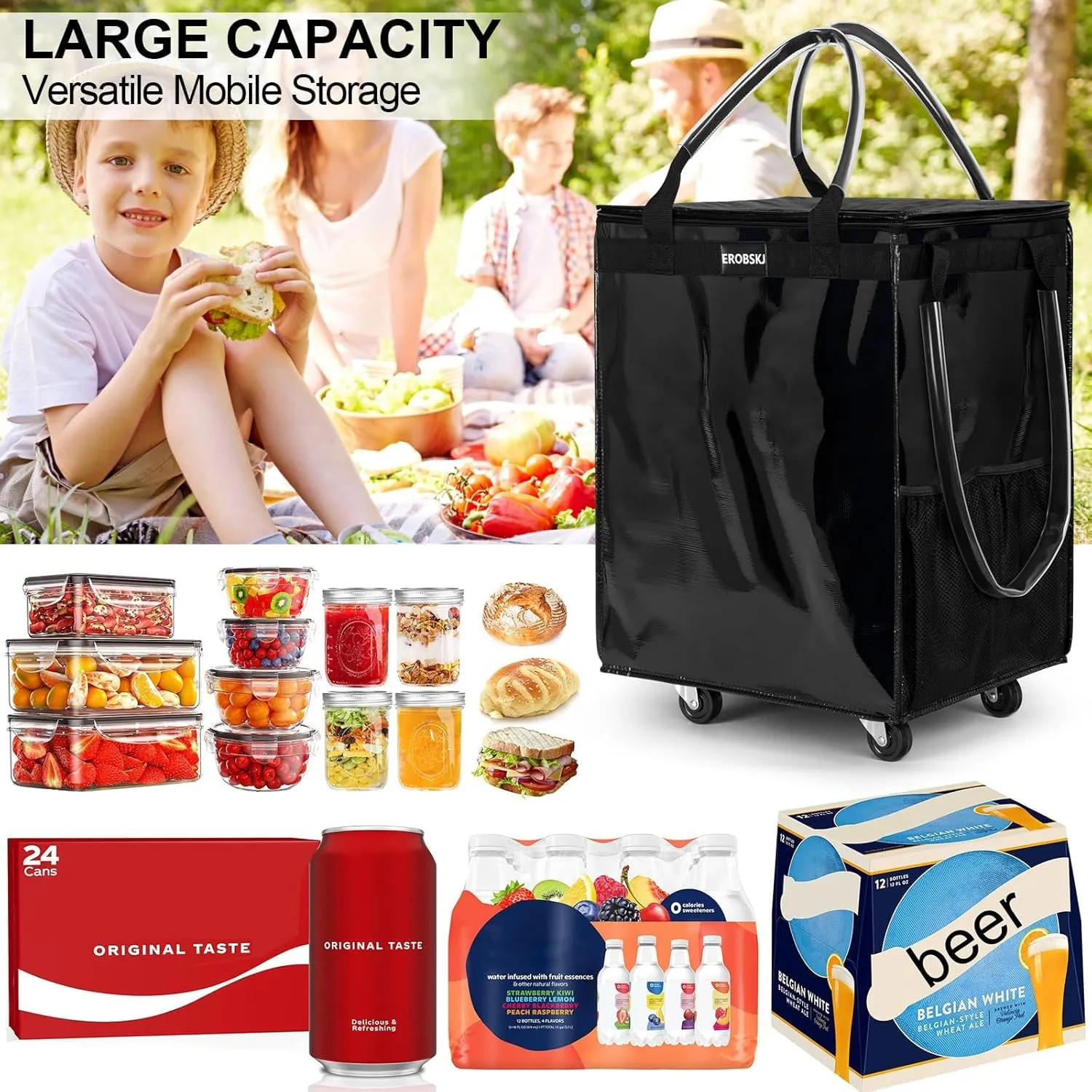 (Medium,Black) Reusable Grocery Bag on Wheels, Foldable Rolling Tote,66 lbs Capacity Shopping Trolley,Zipper Clouser Shopping Bag with Wheels for Trips, Laundry, Rolling Carts with Wheels and Handle