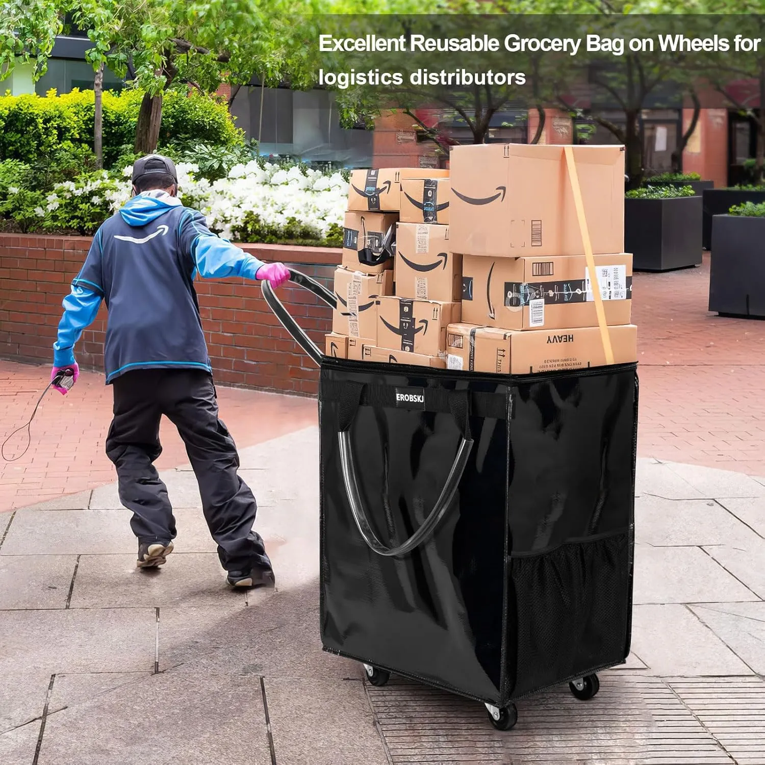 (Medium,Black) Reusable Grocery Bag on Wheels, Foldable Rolling Tote,66 lbs Capacity Shopping Trolley,Zipper Clouser Shopping Bag with Wheels for Trips, Laundry, Rolling Carts with Wheels and Handle