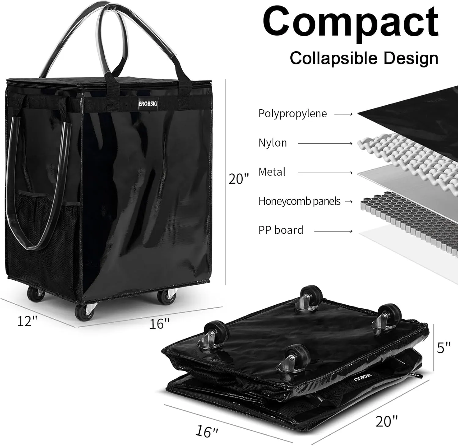 (Medium,Black) Reusable Grocery Bag on Wheels, Foldable Rolling Tote,66 lbs Capacity Shopping Trolley,Zipper Clouser Shopping Bag with Wheels for Trips, Laundry, Rolling Carts with Wheels and Handle
